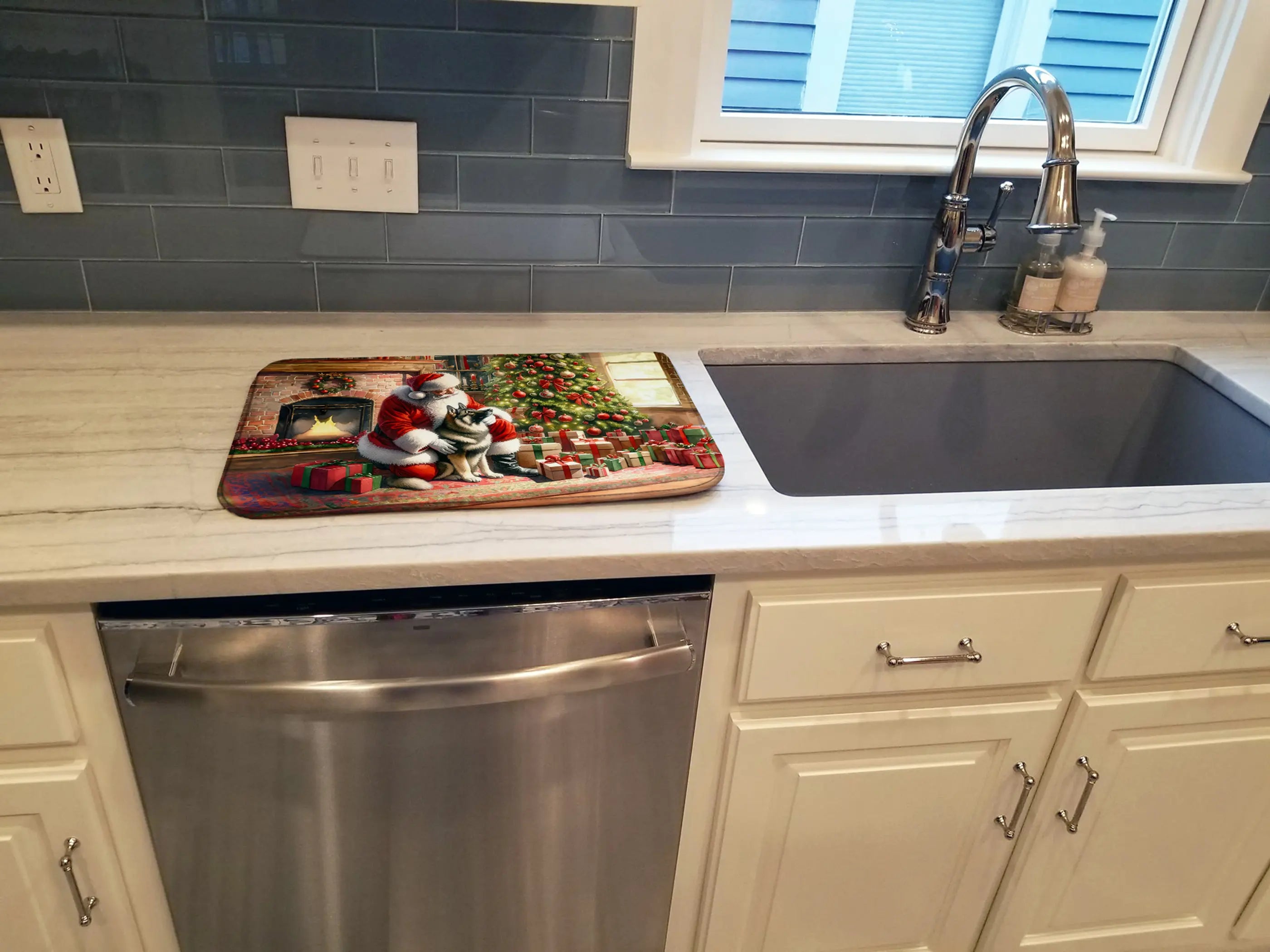 Norwegian Elkhound and Santa Claus Dish Drying Mat Caroline's Treasures
