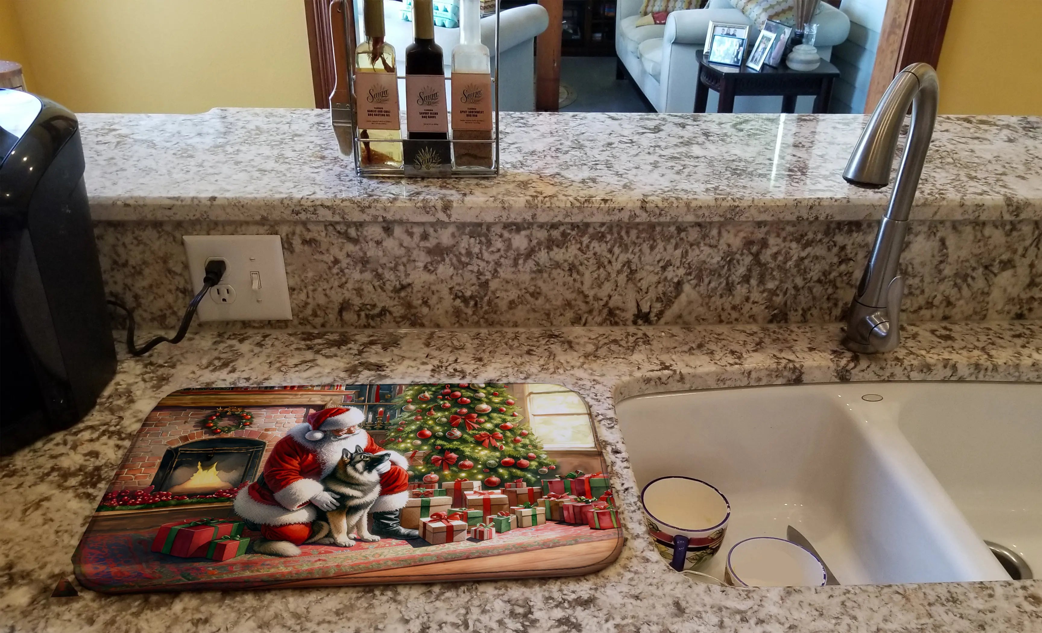 Norwegian Elkhound and Santa Claus Dish Drying Mat Caroline's Treasures
