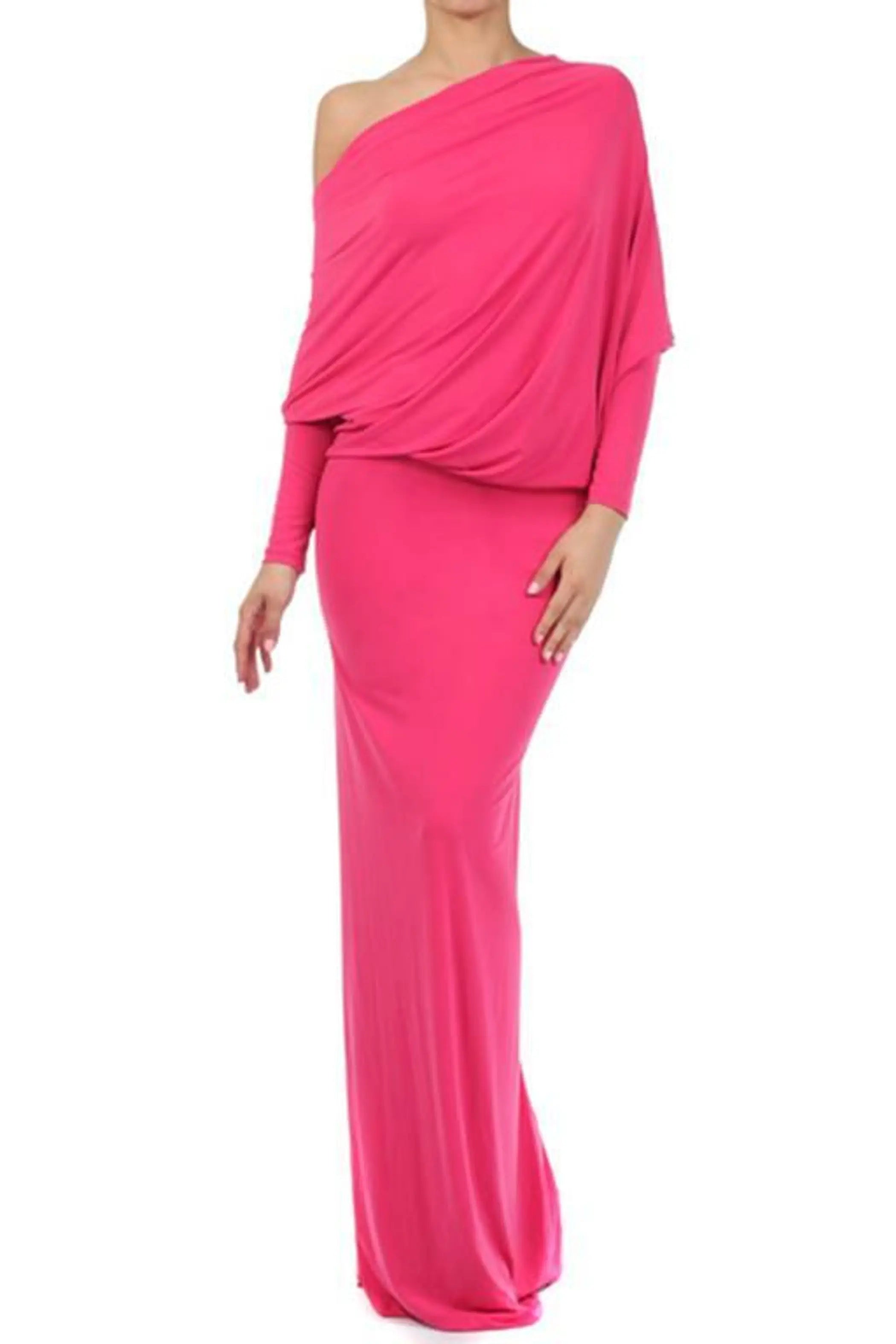 Off Shoulder Dolman Sleeves Reversible Dress Fuchsia SurelyMine