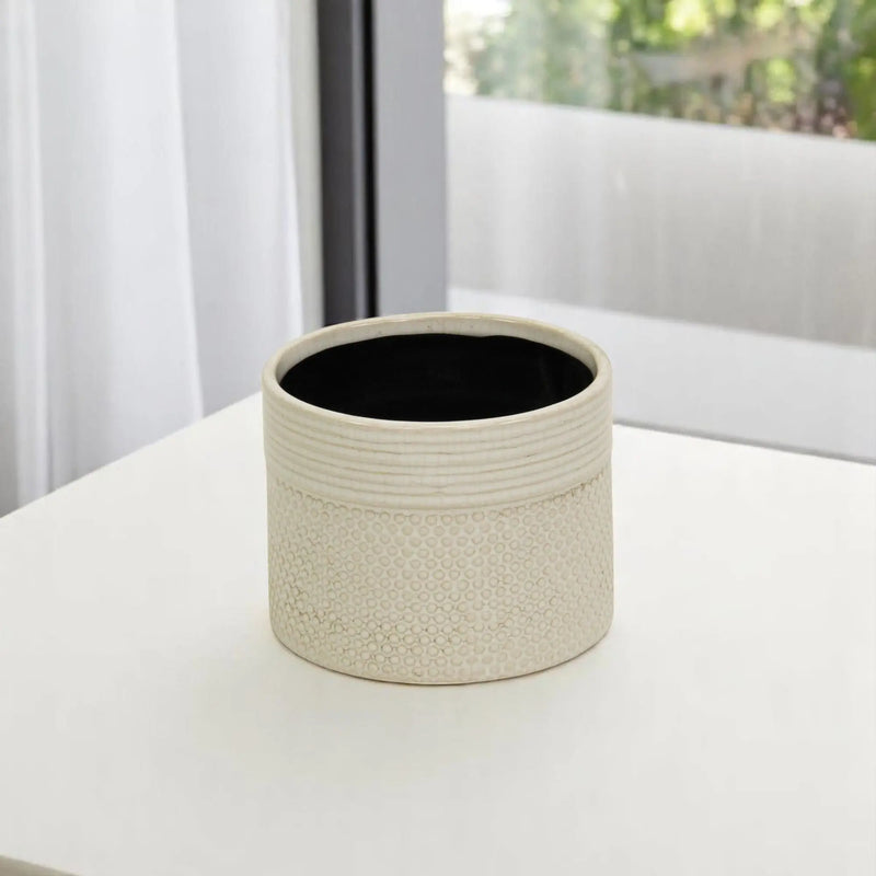 Off White Ceramic 42 Ounce Dotted Round Distressed Pot Planter GreatEagleInc