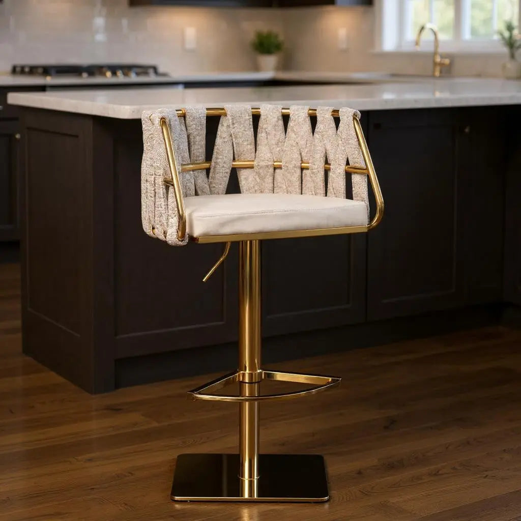 Off White and Gold Faux Leather Linen and Steel Low Back Adjustable Height Swivel Bar Chair Homeroots Living Room