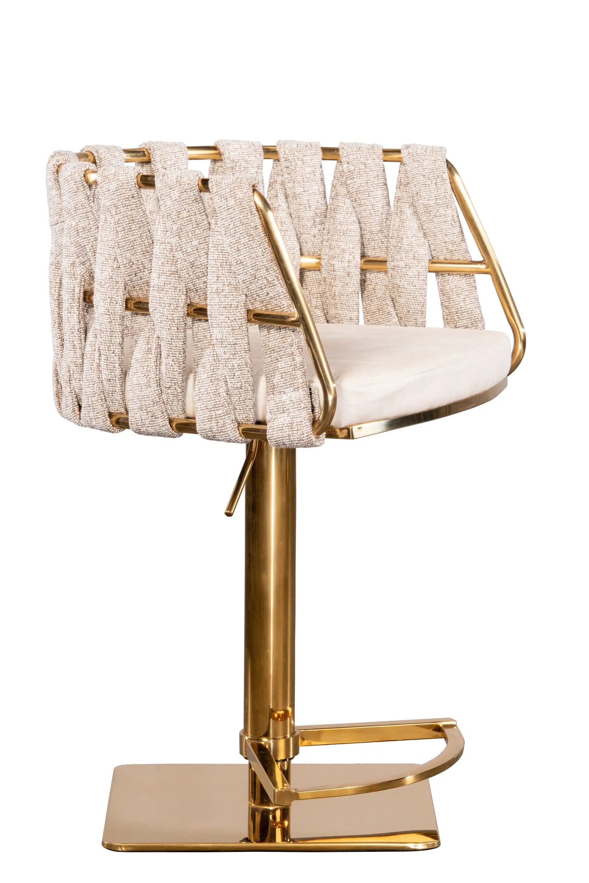Off White and Gold Faux Leather Linen and Steel Low Back Adjustable Height Swivel Bar Chair Homeroots Living Room