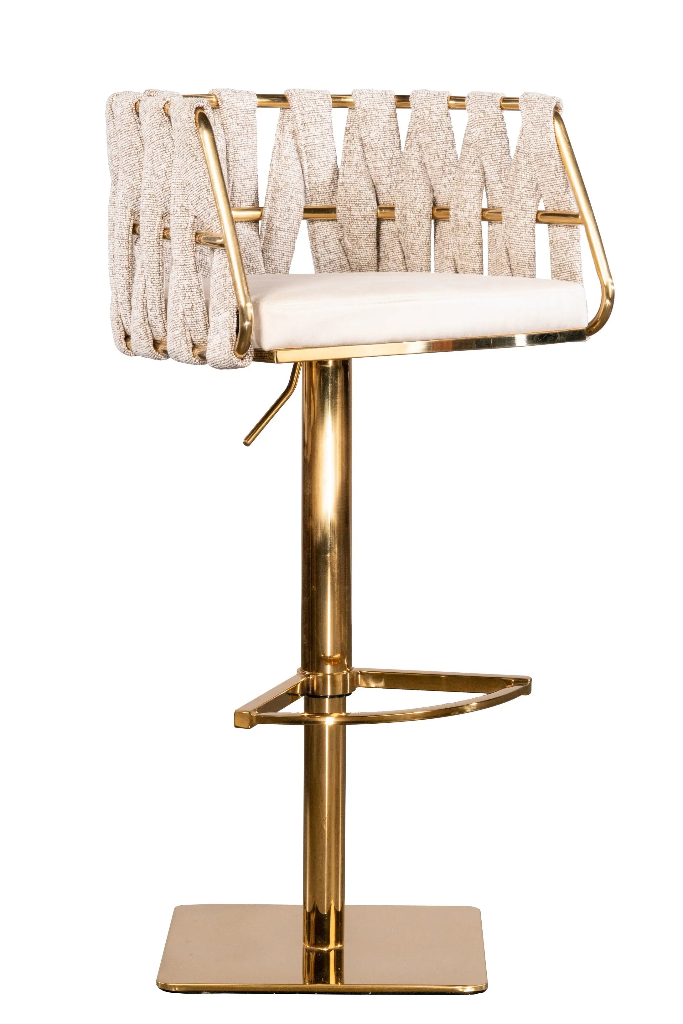 Off White and Gold Faux Leather Linen and Steel Low Back Adjustable Height Swivel Bar Chair Homeroots Living Room