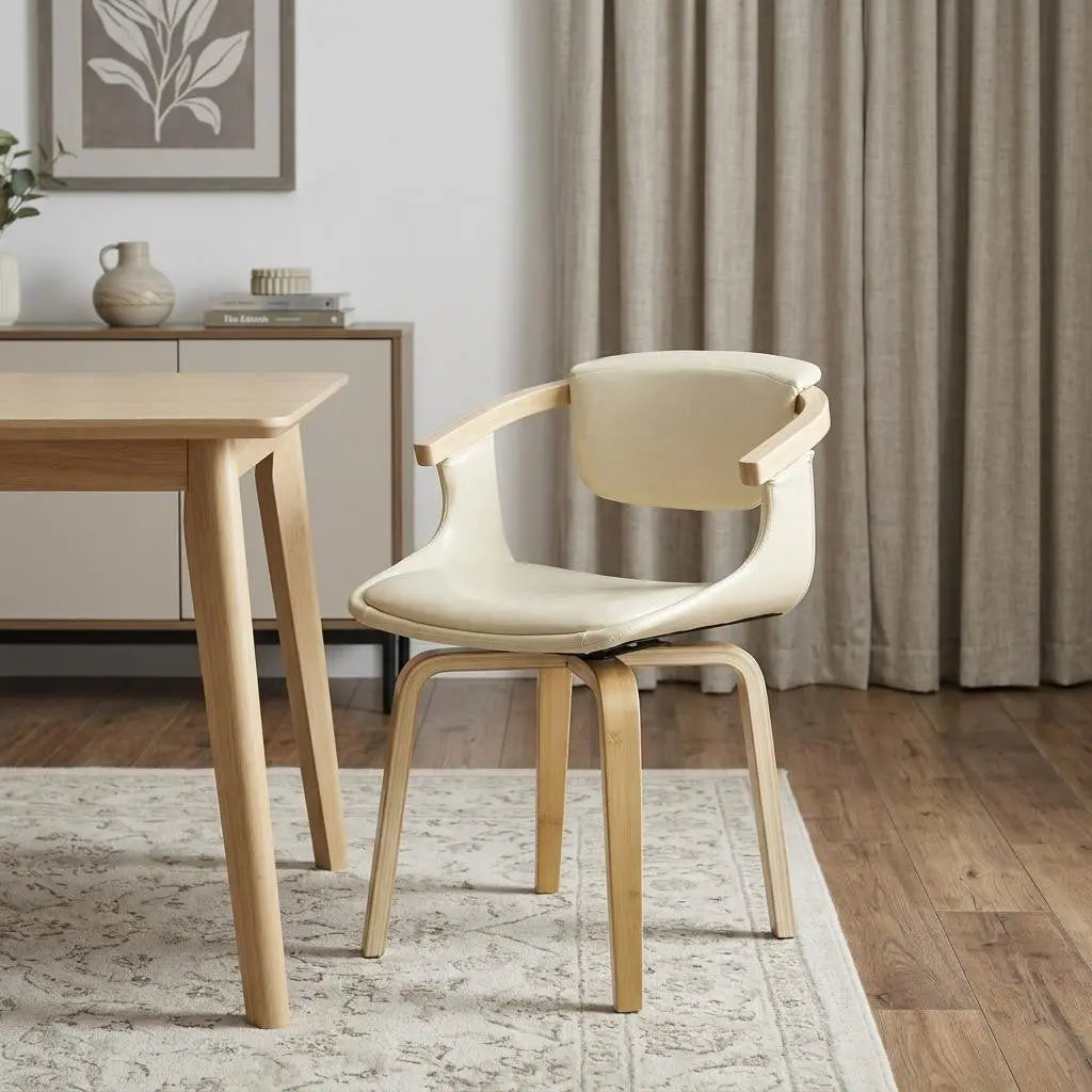 Off White and Natural Upholstered Faux Leather Dining Arm Chair Homeroots Kitchen & Dining