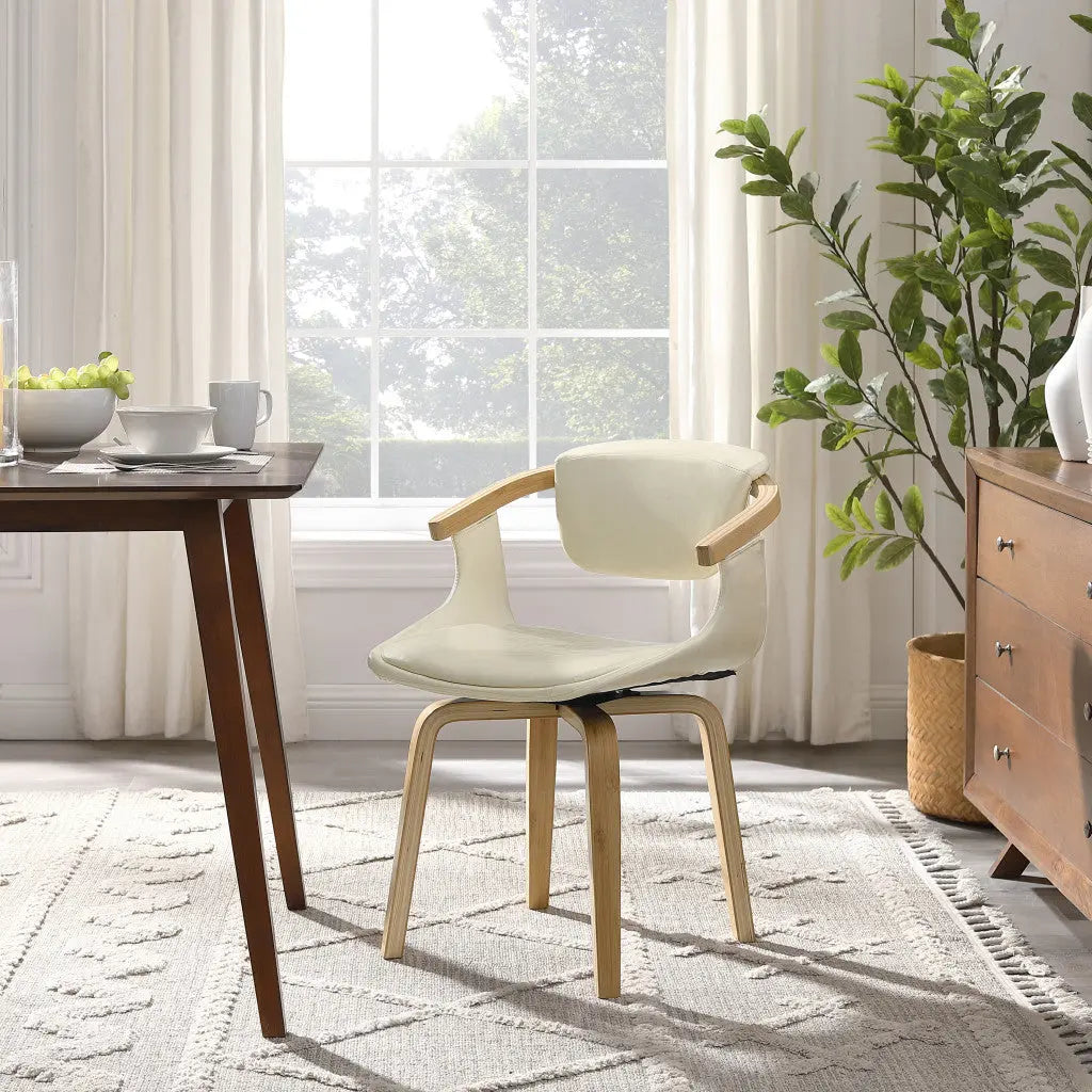 Off White and Natural Upholstered Faux Leather Dining Arm Chair Homeroots Kitchen & Dining