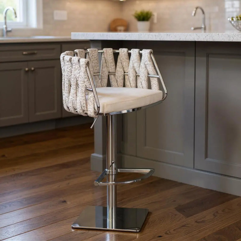 Off White and Silver Faux Leather Linen and Steel Low Back Adjustable Height Swivel Bar Chair Homeroots Living Room