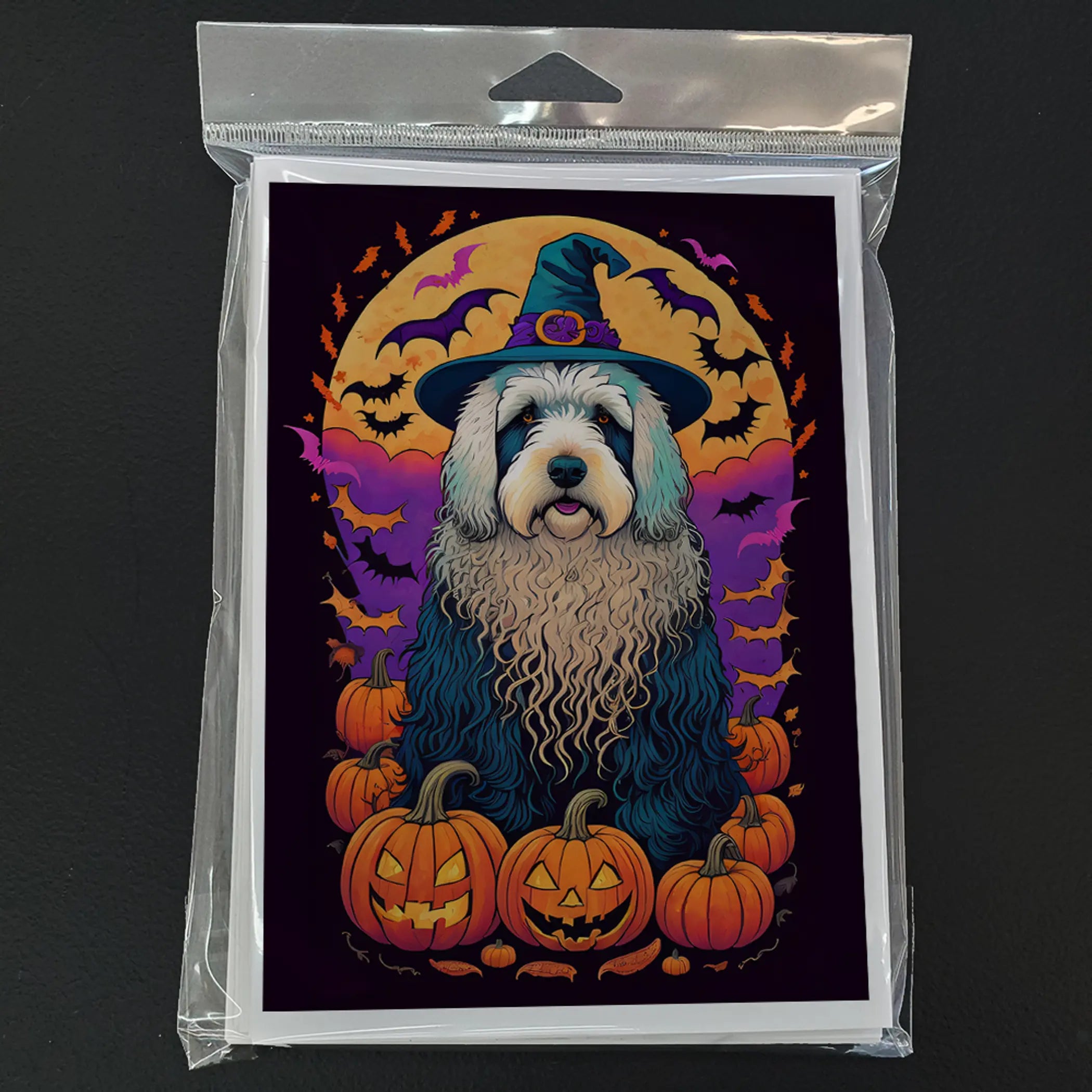 Old English Sheepdog Witchy Halloween Greeting Cards Pack of 8 Caroline's Treasures