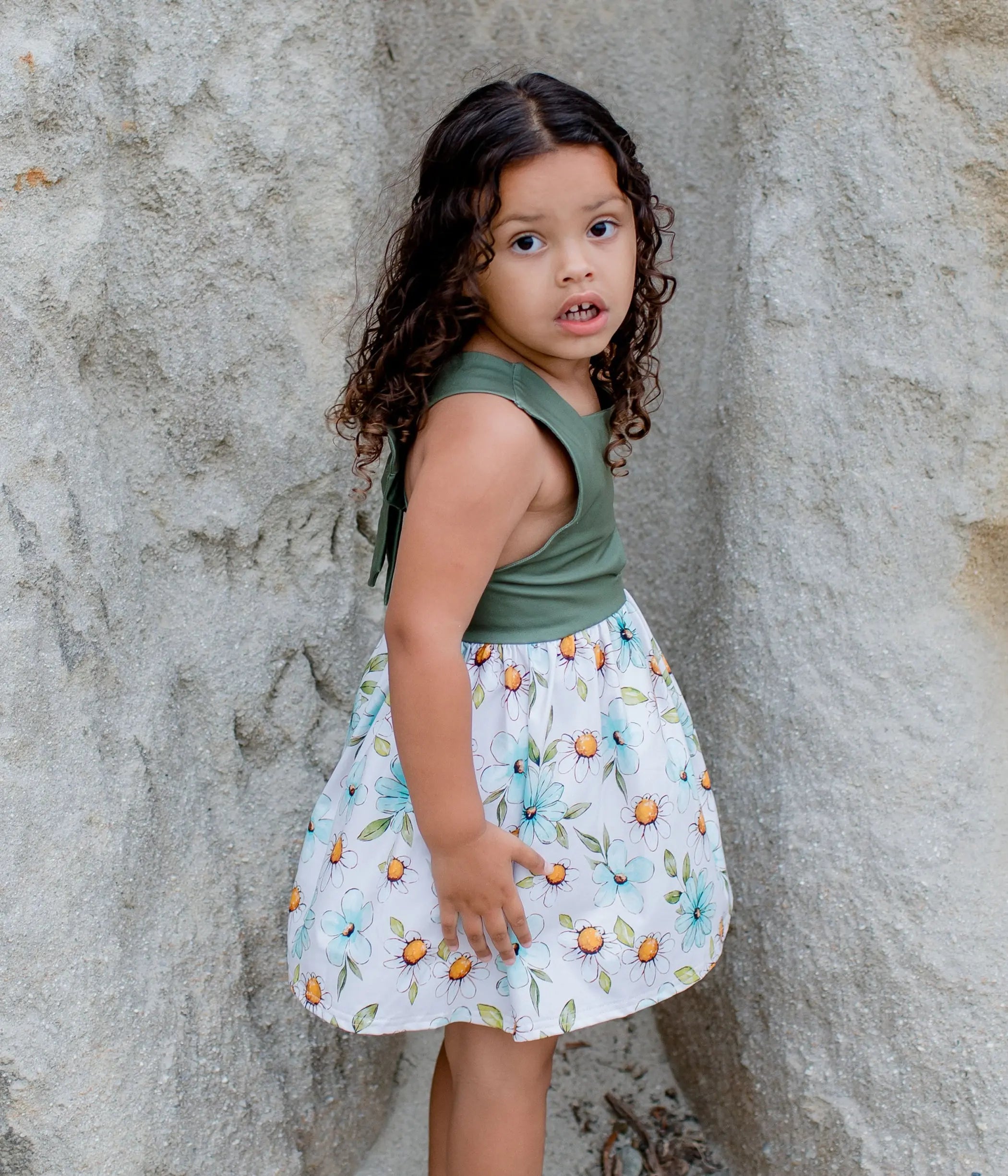 Olive Back Bow Daisy Floral Dress Sell It LLC