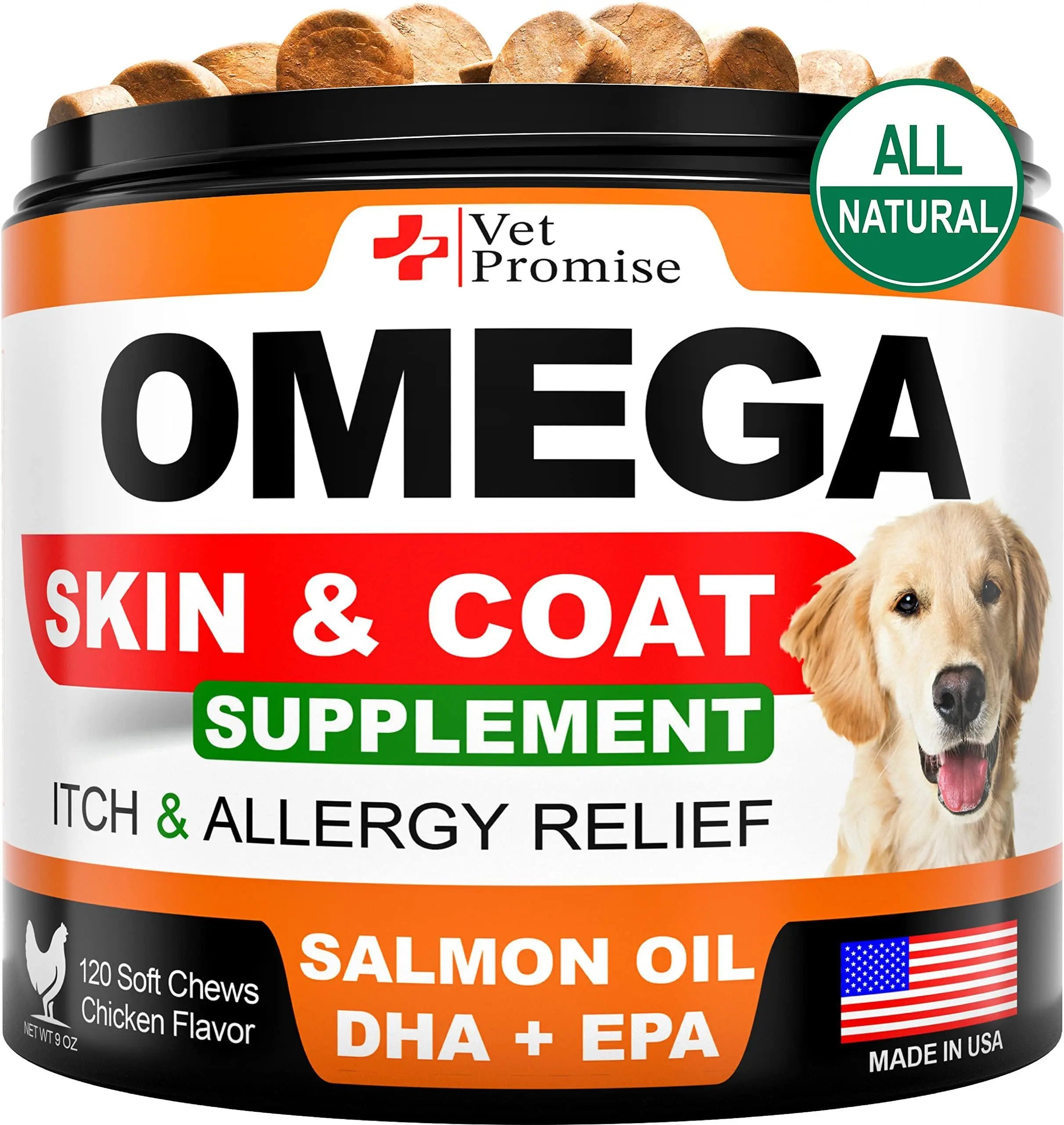 Omega 3 for Dogs   Dog Skin and Coat Supplement   Fish Oil for Dogs Chews   Allergy and Dog Itch Relief   Dog Anti Shedding Supplement   Dog Dry Skin Treatment   Salmon Oil   Made in USA   120 Treats Vet Promise
