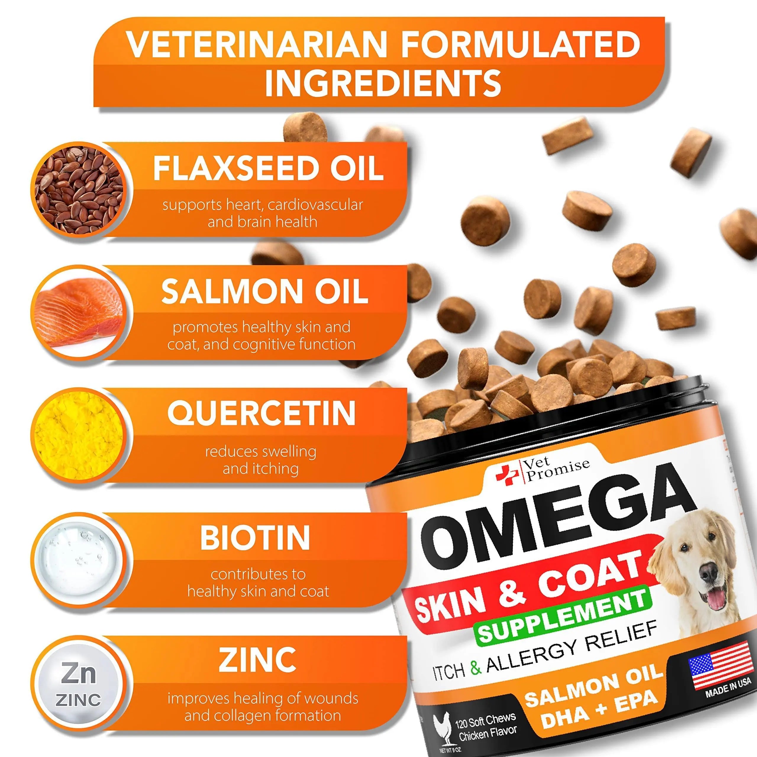 Omega 3 for Dogs   Dog Skin and Coat Supplement   Fish Oil for Dogs Chews   Allergy and Dog Itch Relief   Dog Anti Shedding Supplement   Dog Dry Skin Treatment   Salmon Oil   Made in USA   120 Treats Vet Promise