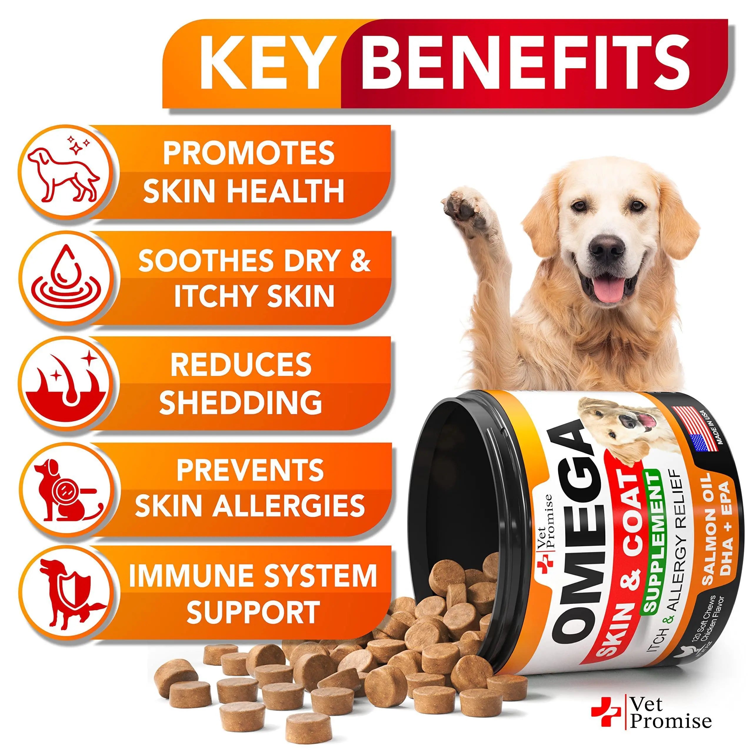 Omega 3 for Dogs   Dog Skin and Coat Supplement   Fish Oil for Dogs Chews   Allergy and Dog Itch Relief   Dog Anti Shedding Supplement   Dog Dry Skin Treatment   Salmon Oil   Made in USA   120 Treats Vet Promise