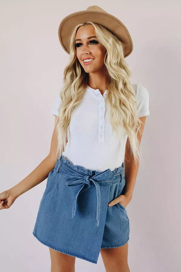 On The Edge Denim Wrap Skort Stay Warm in Style