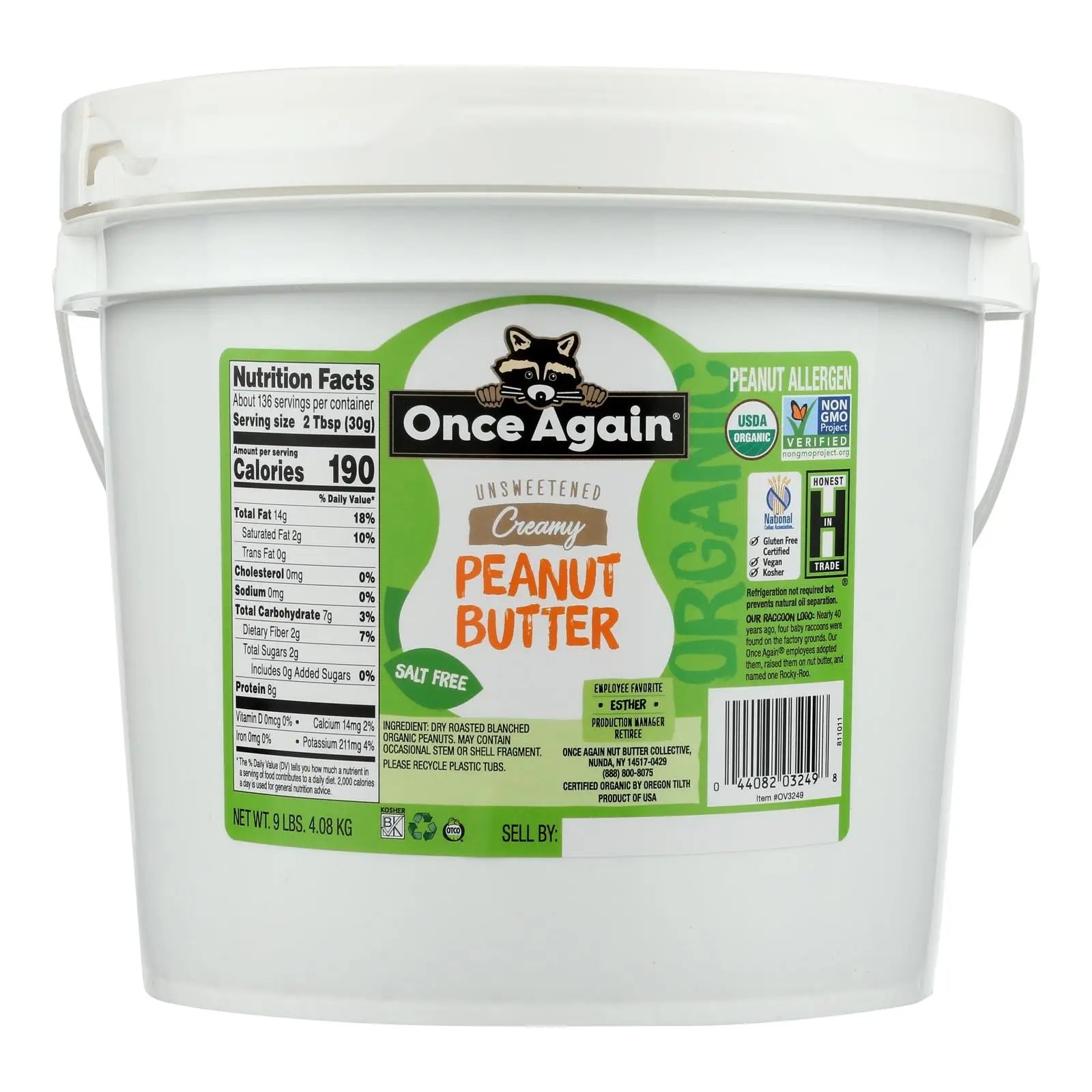 Once Again Organic Creamy Peanut Butter No Salt - Single Bulk Item - 9lb Once Again