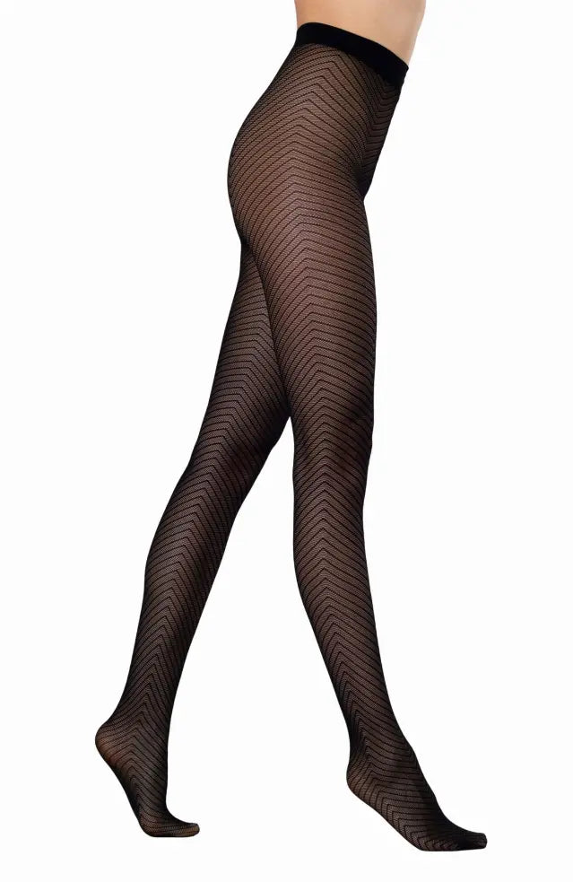 Openworked Eco-Friendly Tights With Unique Arrow-Like Pattern Made With Recycled Yarns To Help Minimize Waste & Reduce Pollution. LECHERY