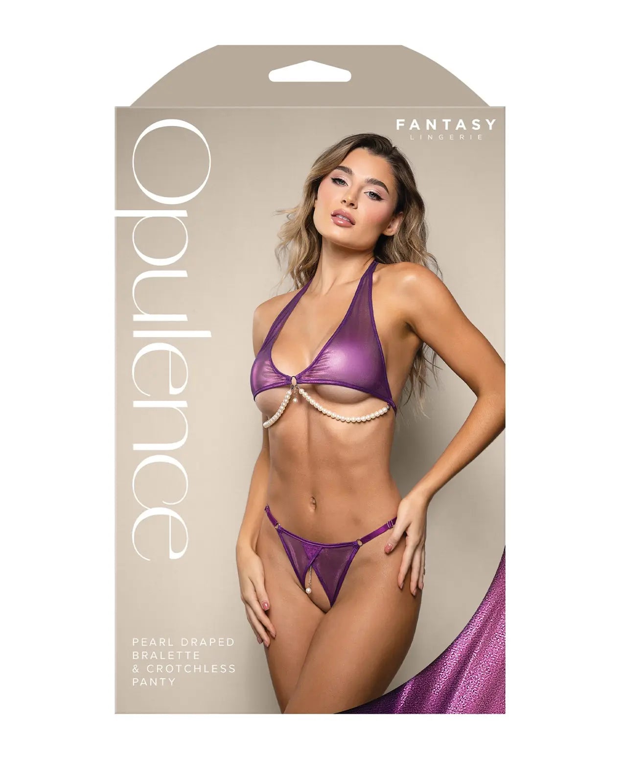Opulence Shimmer Mesh Halter Top & Panty w/Pearl Details - Purple Fantasy Lingerie