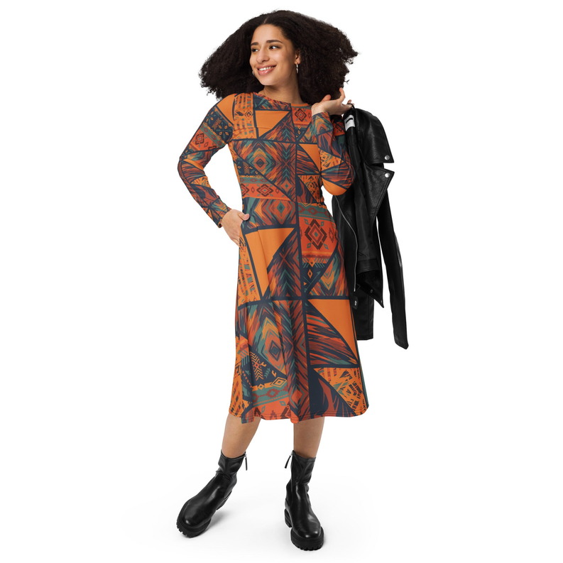 Orange and Green Patch work Art Print Long Sleeve Midi Dress Adirelounge