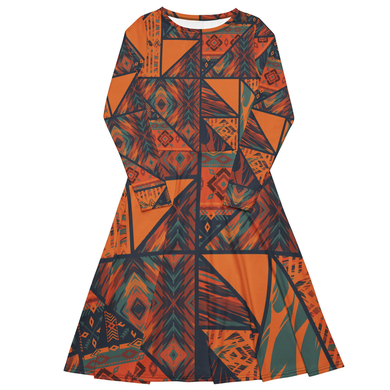 Orange and Green Patch work Art Print Long Sleeve Midi Dress Adirelounge