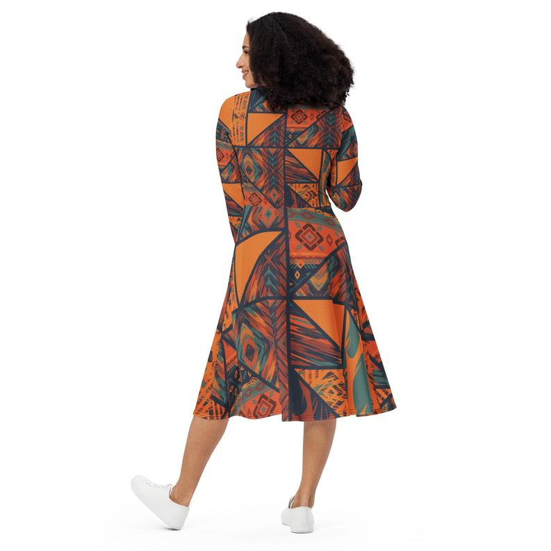 Orange and Green Patch work Art Print Long Sleeve Midi Dress Adirelounge