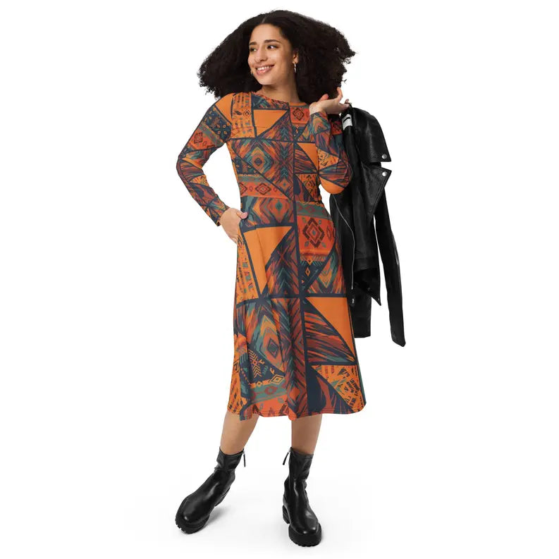 Orange and Green Patch work Art Print Long Sleeve Midi Dress Adirelounge