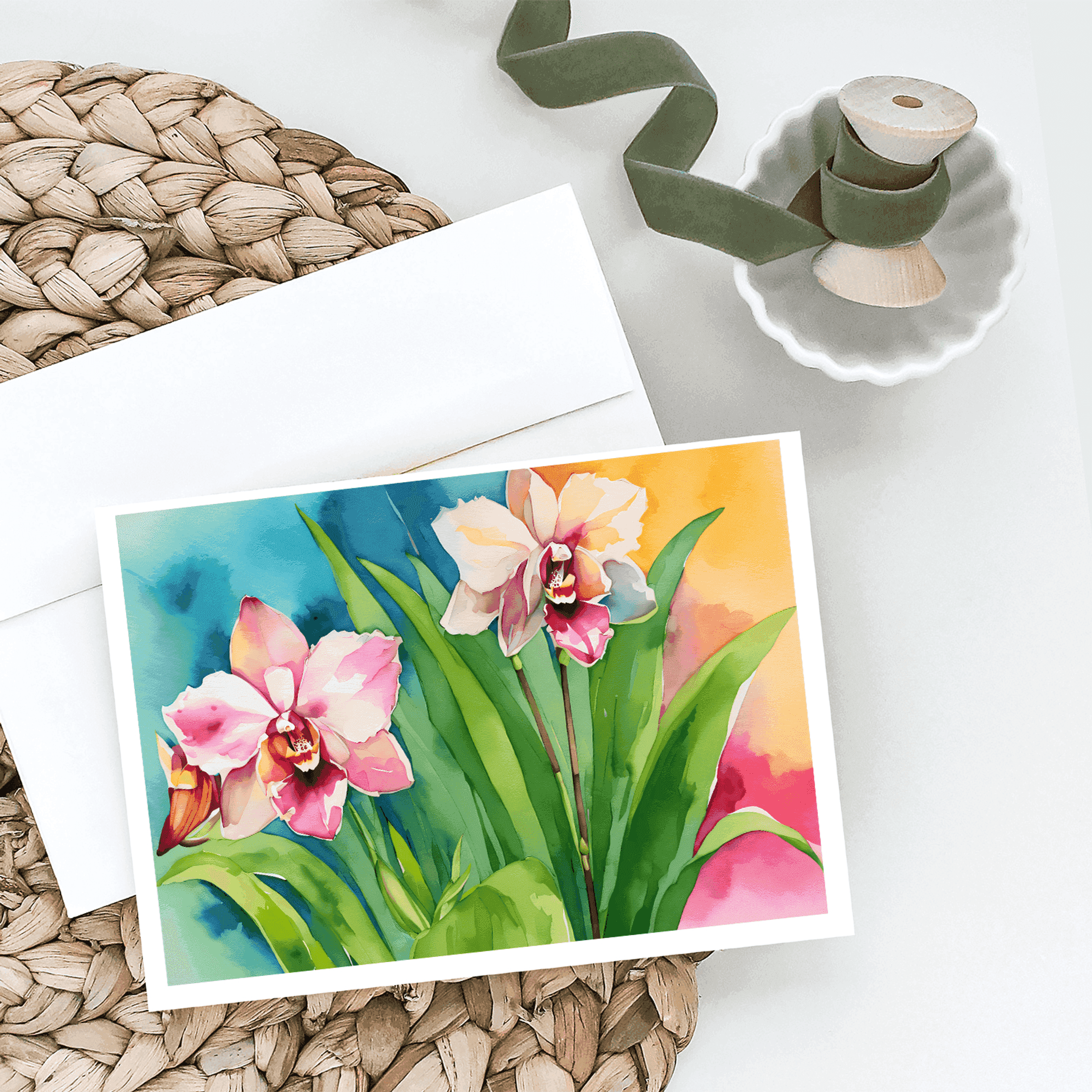 Orchids in Watercolor Greeting Cards Pack of 8 Caroline's Treasures