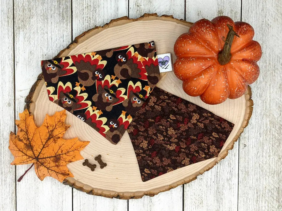 Reversible dog bandana, featuring colorful turkey print and brown leaf pattern, perfect for fall celebrations.