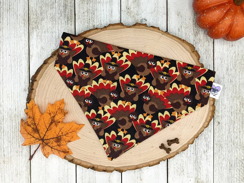 Thanksgiving-themed pet bandana, brown with colorful turkeys, perfect for festive fall celebrations.
