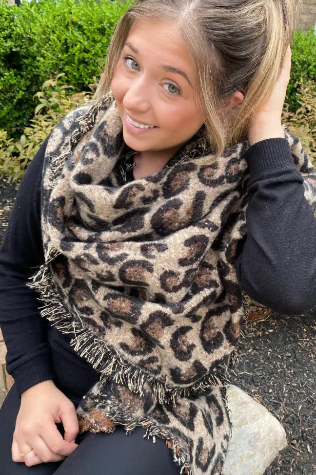 Oversized Leopard Knit Scarf Embellish