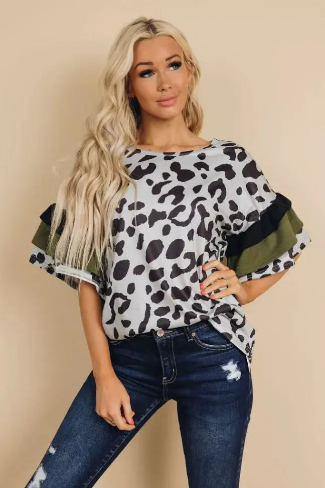 Patricia Leopard Ruffle Sleeve Top Stay Warm in Style