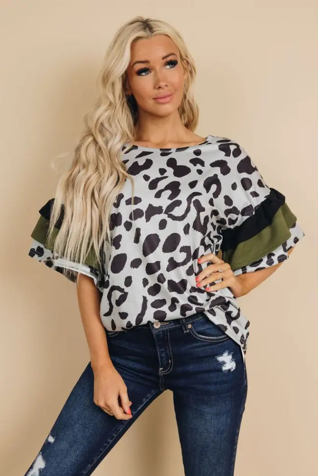 Patricia Leopard Ruffle Sleeve Top Stay Warm in Style