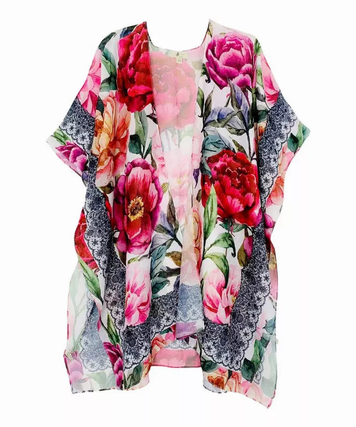Peony with Lace-Accent Border Kimono JC Sunny Fashion