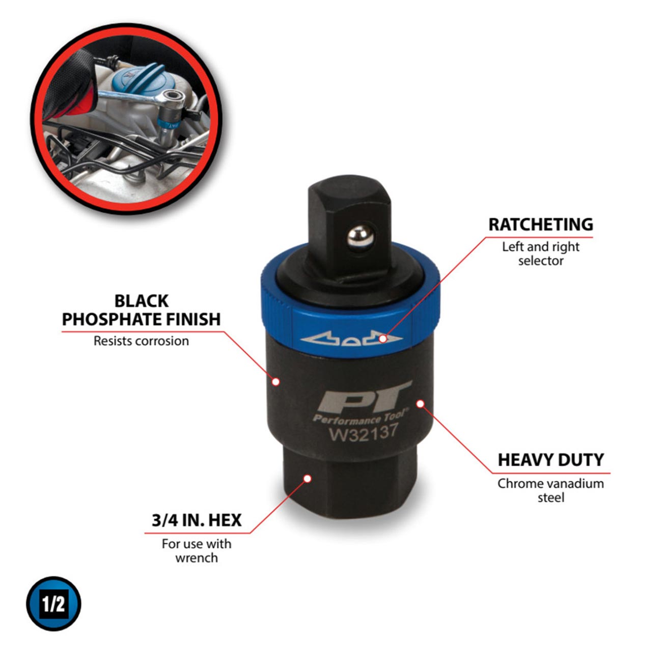 Performance Tool 1/2" Drive Ratcheting Adapter PERFORMANCETOOL