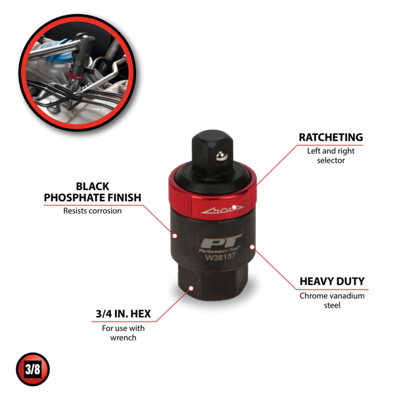 Performance Tool 3/8" Drive Ratcheting Adapter PERFORMANCETOOL