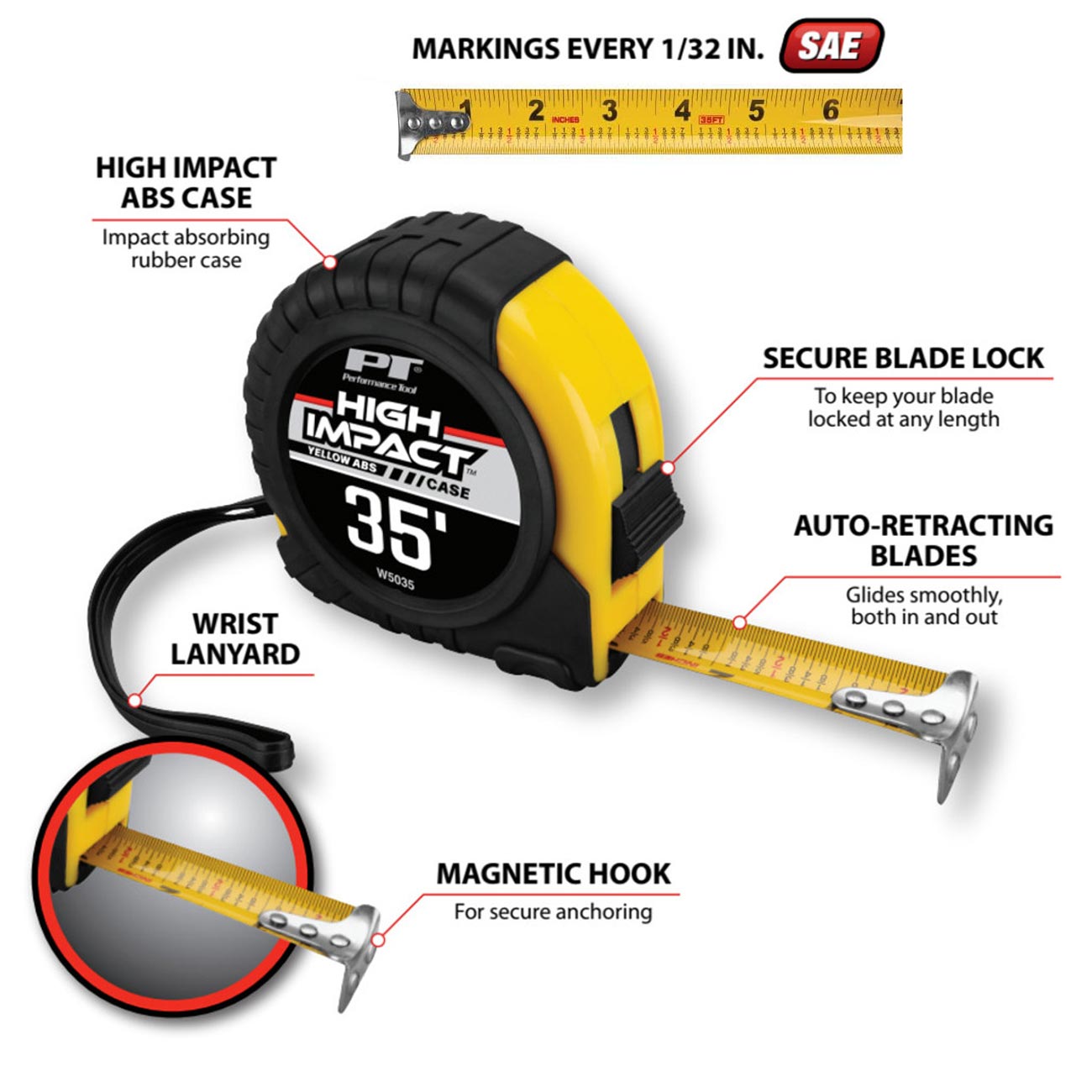 Performance Tool Sae Tape Measure: 35-foot X 1" Wide Blade PERFORMANCETOOL