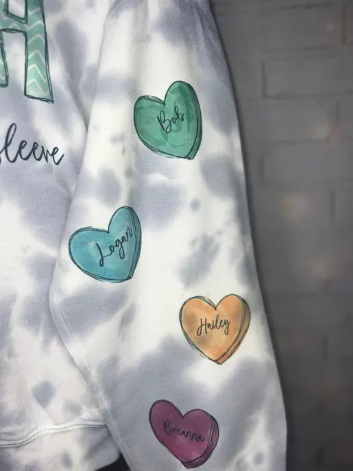 Personalized Mama Conversation Heart Sweatshirt with Sleeve Design- Other titles available The Blended Owl