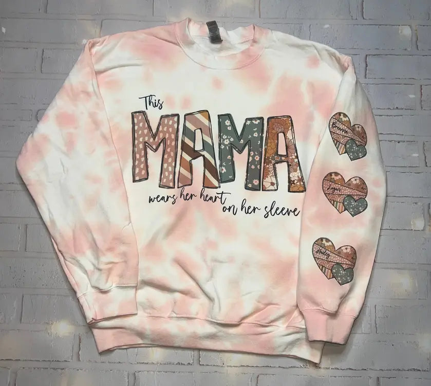 Personalized This Mama Wears Her Heart on Her Sleeve with Boho Hearts Sweatshirt The Blended Owl
