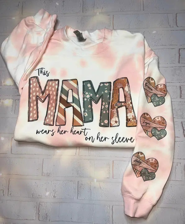 Personalized This Mama Wears Her Heart on Her Sleeve with Boho Hearts Sweatshirt The Blended Owl