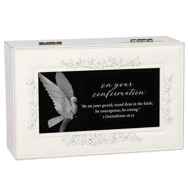 White ornate keepsake box with dove design and inspirational quote, ideal for confirmation gifts.