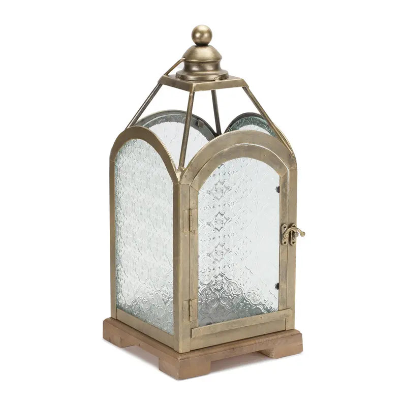 Pewter Metal Lantern with Ornate Glass Melrose International