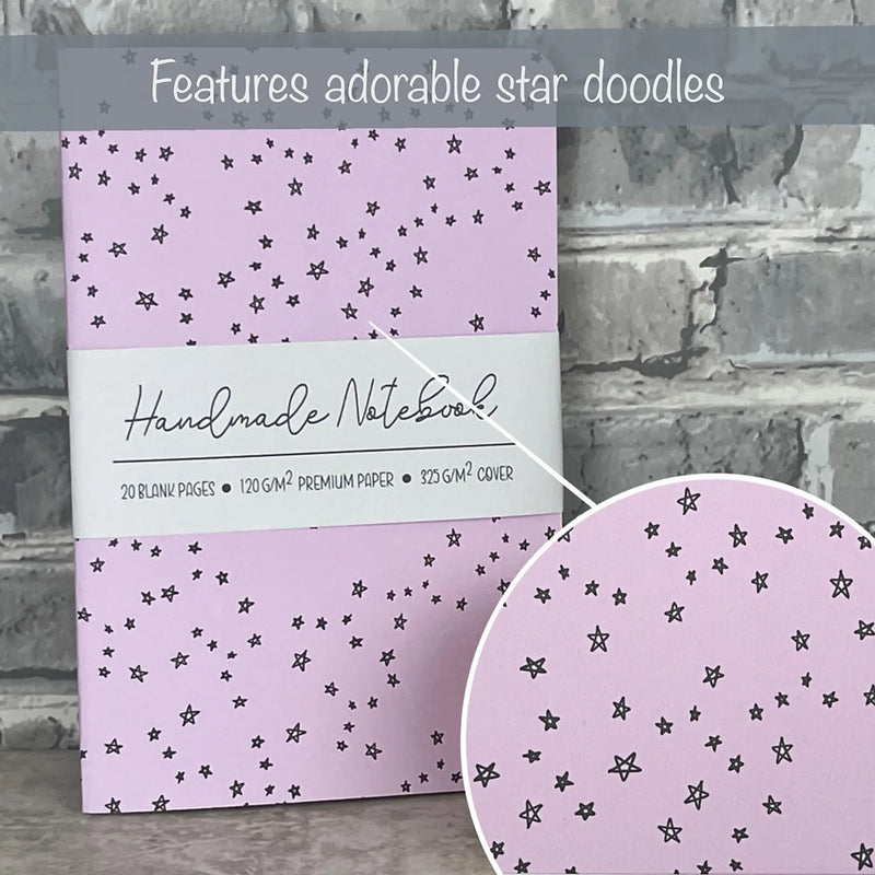 Pink Doodle Stars - A5 ish size Handmade Saddle Bound Notebook Art by Erica H