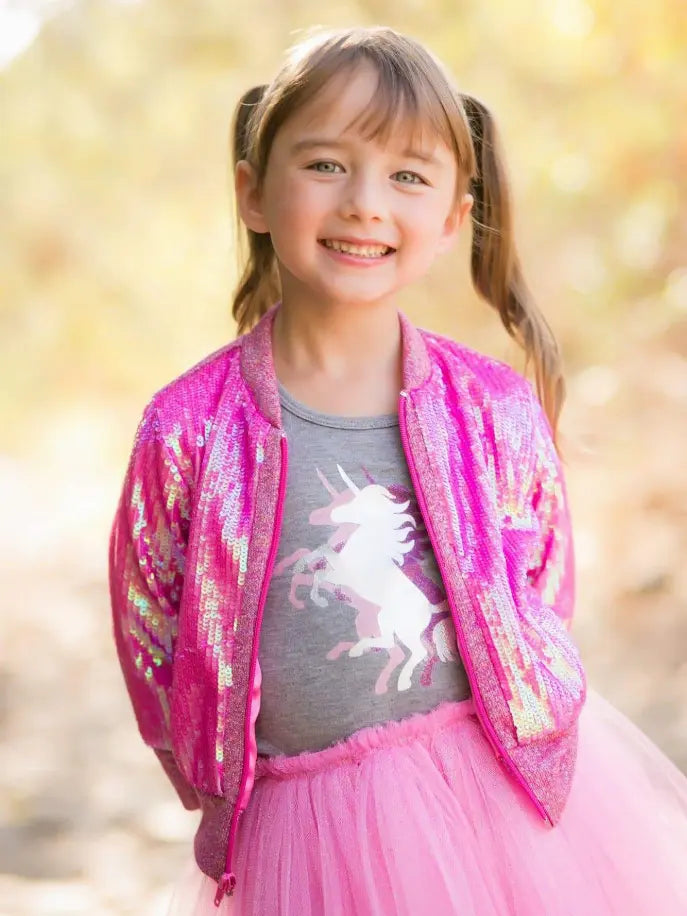 Pink Unicorn Sequin Bomber Jacket Little Mass