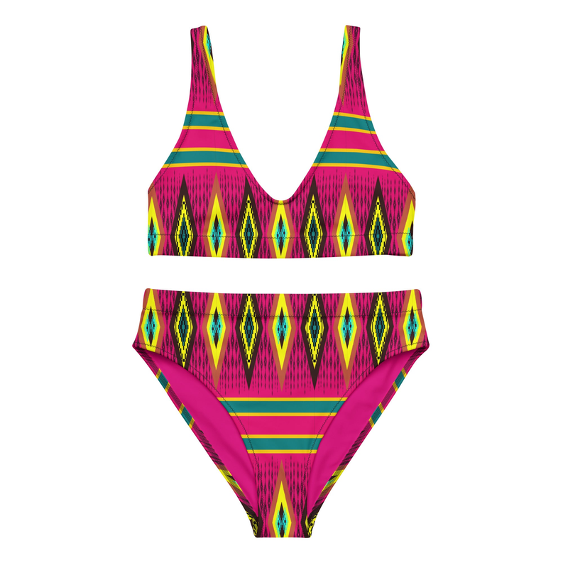 Pink Yellow African Print Recycled High Waisted Bikini for Women Adirelounge