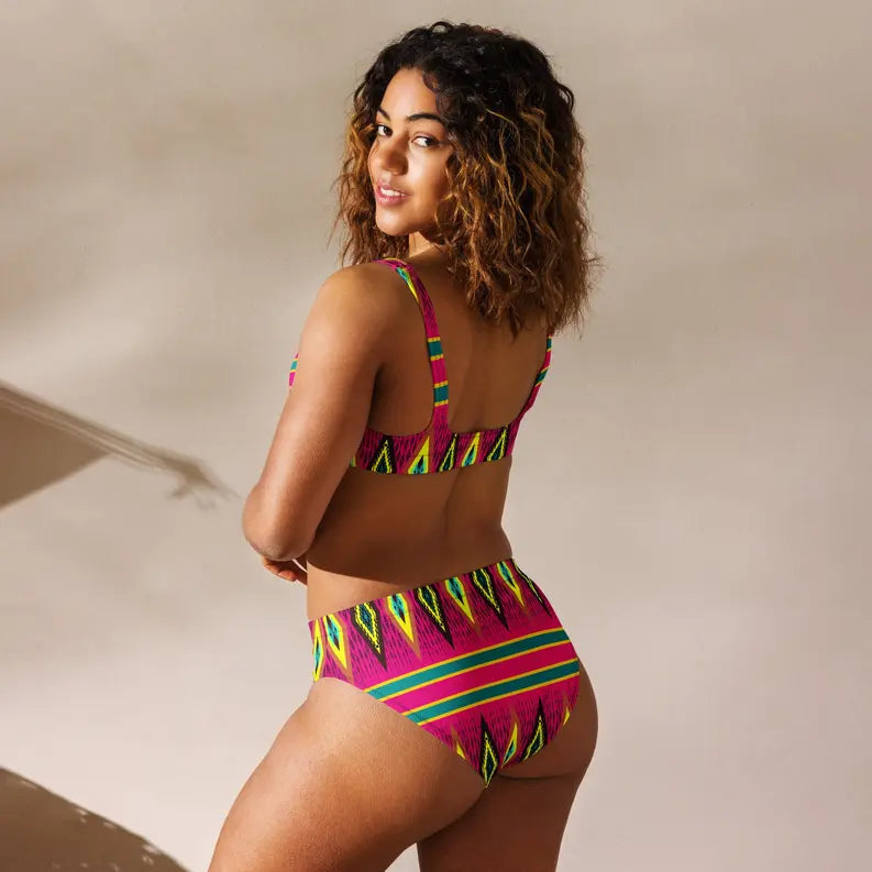 Pink Yellow African Print Recycled High Waisted Bikini for Women Adirelounge