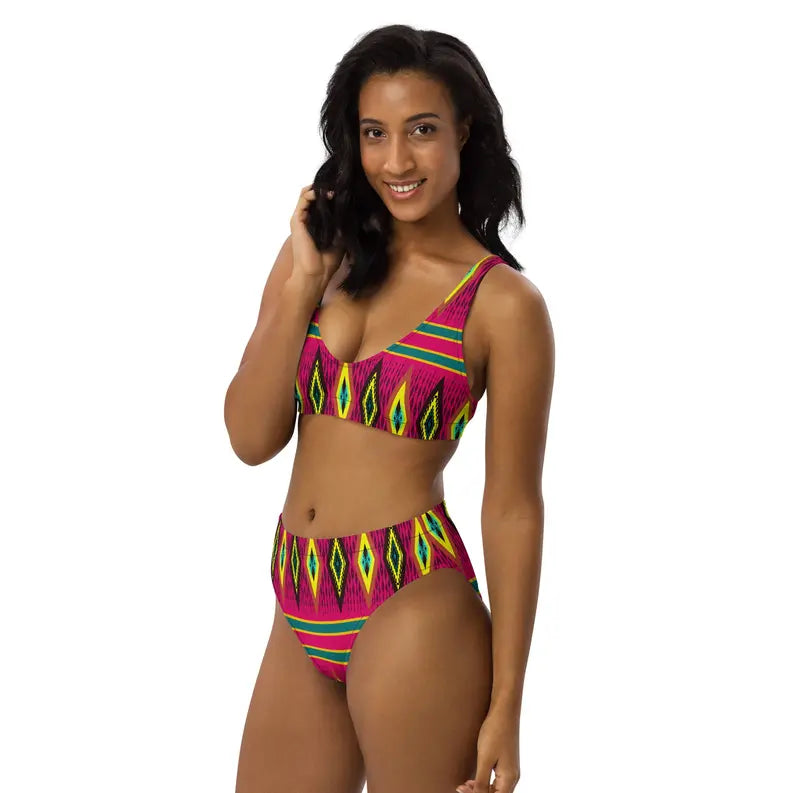 Pink Yellow African Print Recycled High Waisted Bikini for Women Adirelounge