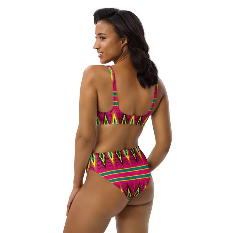 Pink Yellow African Print Recycled High Waisted Bikini for Women Adirelounge