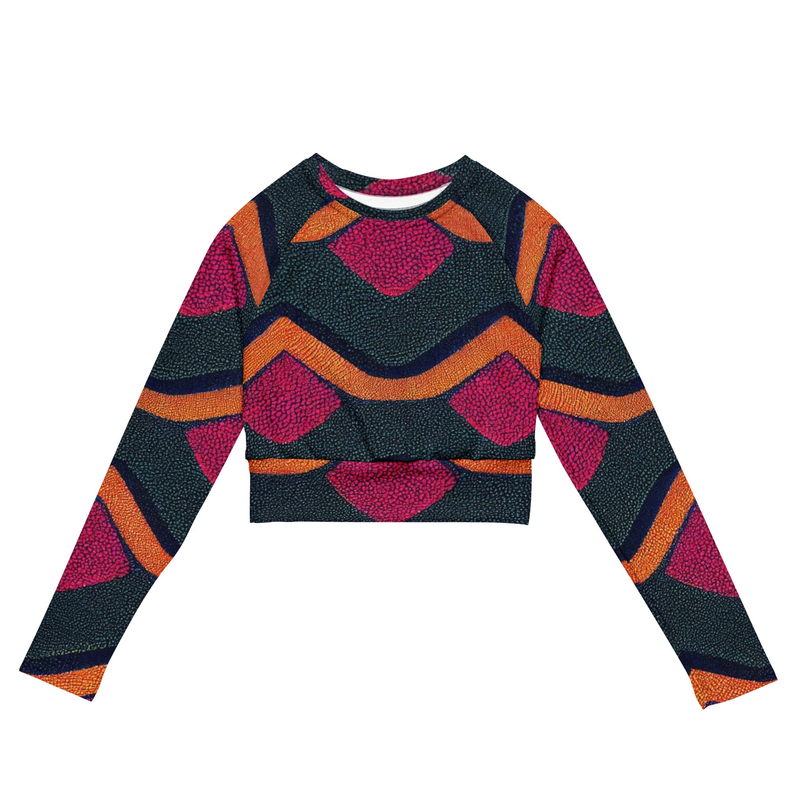 Pink and Green African Ankara Print Recycled Polyester Women's Long Sleeve Crop Top Adirelounge