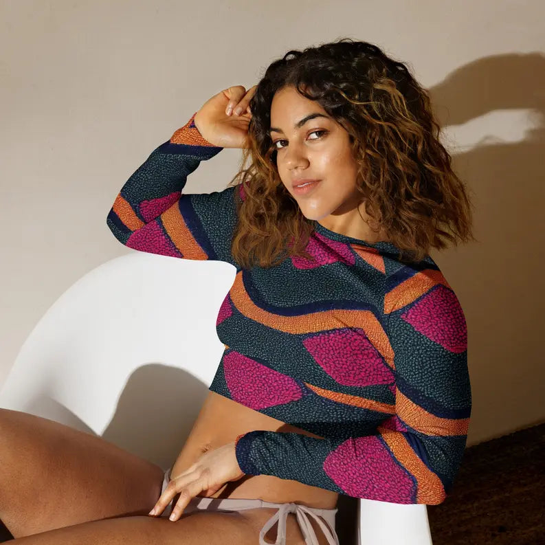 Pink and Green African Ankara Print Recycled Polyester Women's Long Sleeve Crop Top Adirelounge
