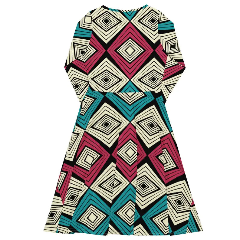 Pink and Green Print Long Sleeve Midi Dress Adirelounge