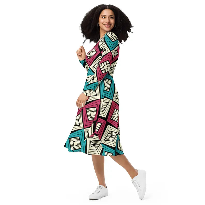 Pink and Green Print Long Sleeve Midi Dress Adirelounge
