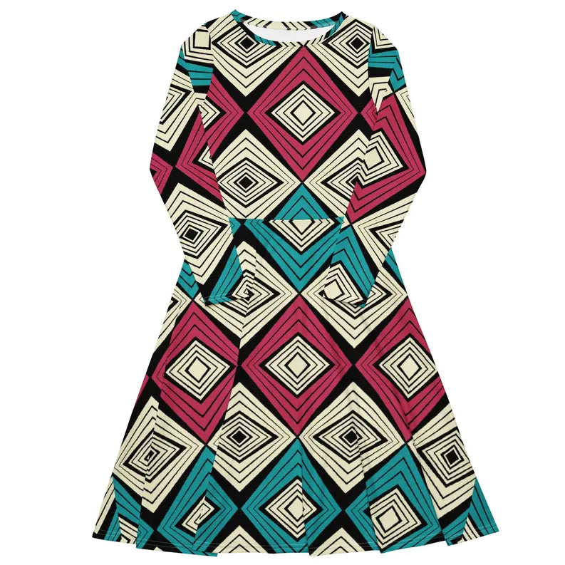 Pink and Green Print Long Sleeve Midi Dress Adirelounge