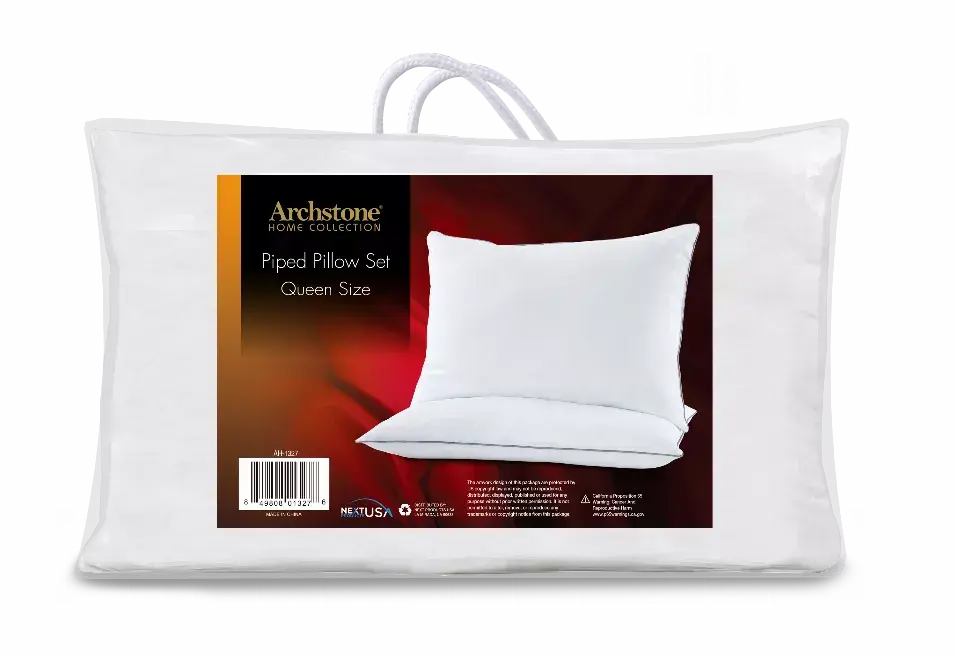 Piped Edge Pillow Set, White, Queen Size, 2 piece Set Archstone Collections